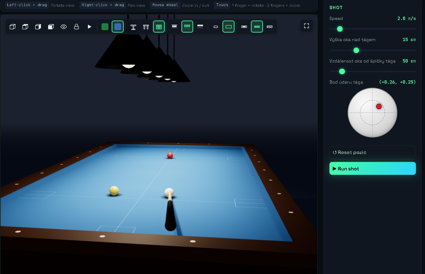 Billiards Lab — 3D three-cushion carom simulation