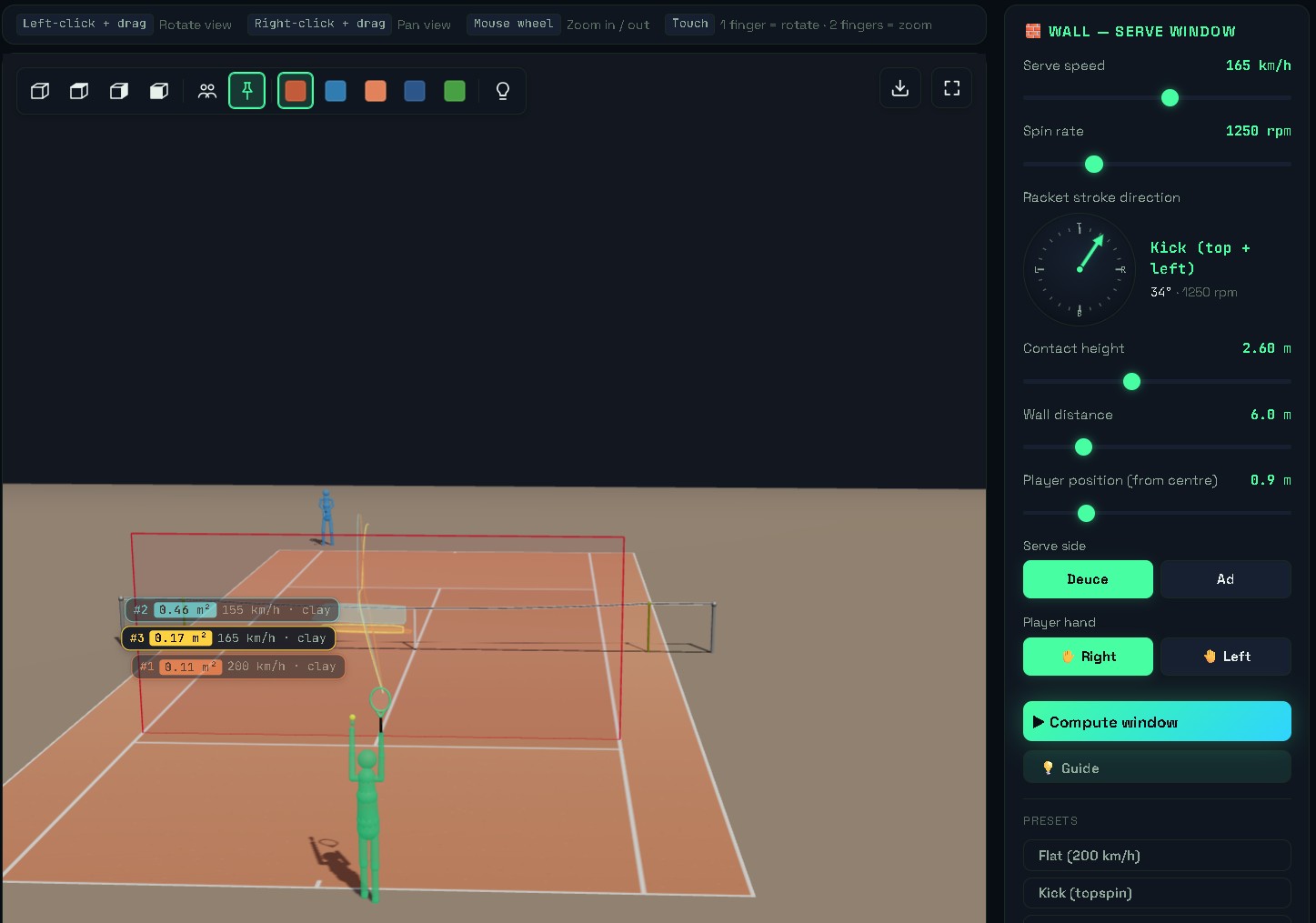 Tennis Lab — 3D serve simulation on a clay court
